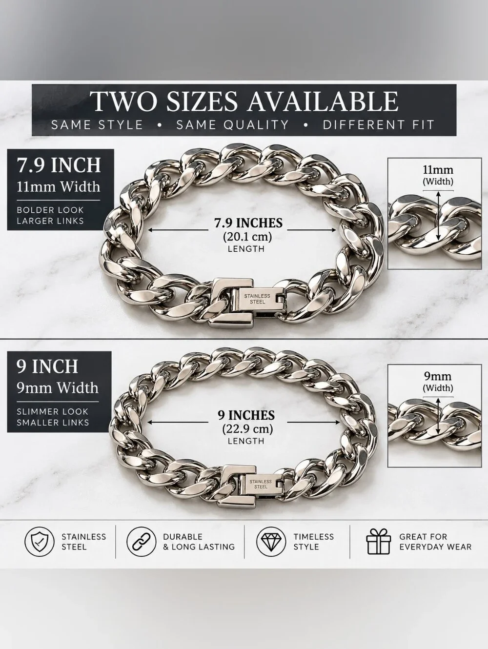 Stainless Steel Curb Link Bracelet – 7.9